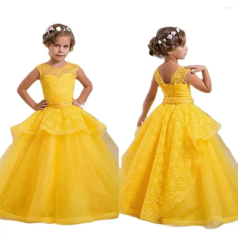 Girl Dresses Yellow Wedding Flower Sleeveless Floor Length Lace Applique Girls Pageant First Communion Party Gown