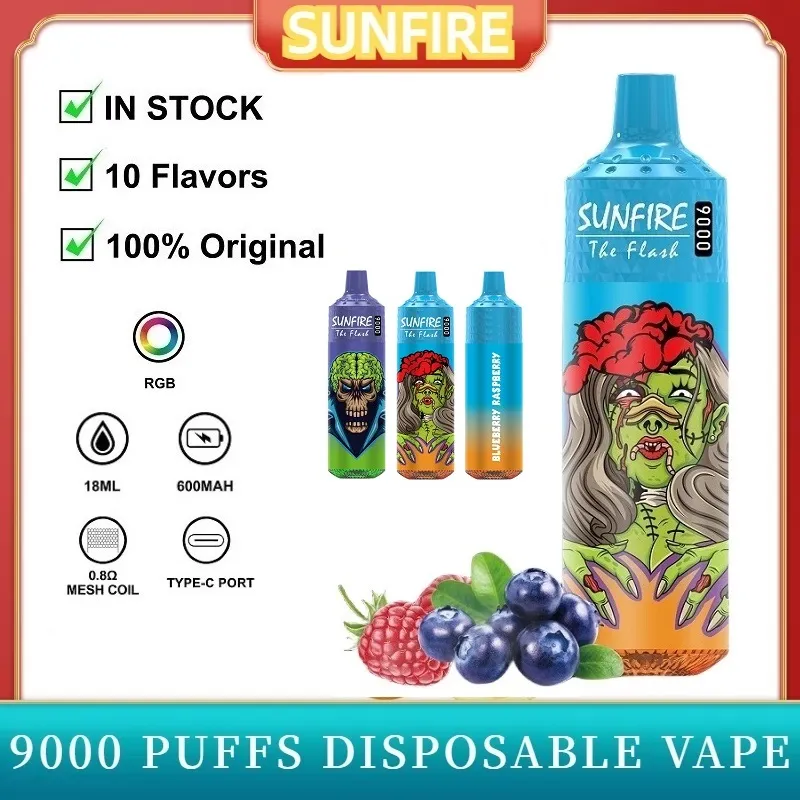 Sunfire 9000 Puff 9k Pen de vape jetable E cigarette 600mAh Batterie rechargeable 18 ml Pod Mesh Coil Vaper Vapes Disposable Puff 10000 Tornado eu