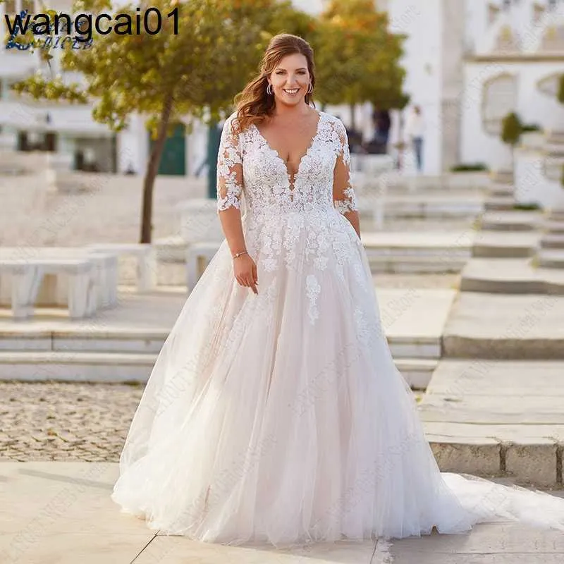 Party Dresses LAYOUT NICEB Plus Size Wedding Dresses For Bride Appliques Half Seves vestido noiva boho Lace Up Backss Bridal Gowns Beach 0408H23