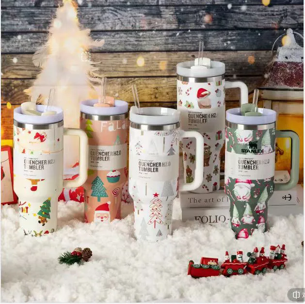 Paiement de Noël Avec logo Quencher H2.0 FlowState Flat Cup 40oz tasse de paille grosse tête tasse de glace tasse d'isolation tasse en acier inoxydable tasse extérieure