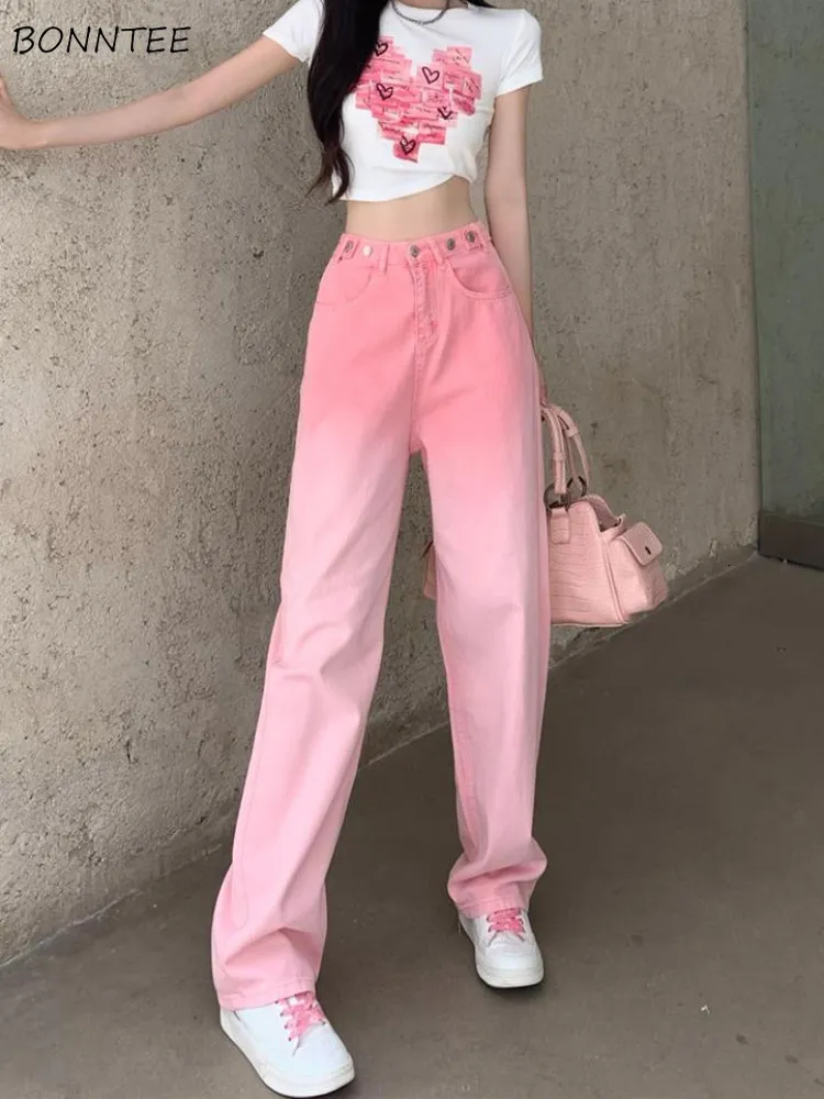 Dames jeans dames zomer roze wassen rechte taille straatkleding y2k volledige bijpassende Koreaanse mode geleidelijk casual en unieke 230408