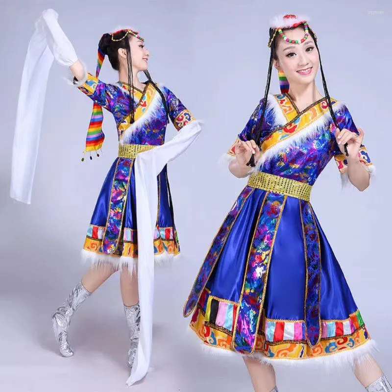 Stage Draag Mongoolse vrouwelijke minderheidskostuum Moderne dansoutfits Tibetaanse traditionele kleding