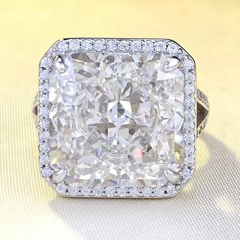Radiant Cut 13 mm Moissanite Diamond Pierścień 100% Real 925 Srebrny Party Wedding Pierścienie dla kobiet