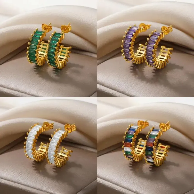 Boucles d'oreilles en Zircon carré coloré classique pour femmes, boucles d'oreilles en forme de C, bijoux de fiançailles et de mariage à la mode, 2023