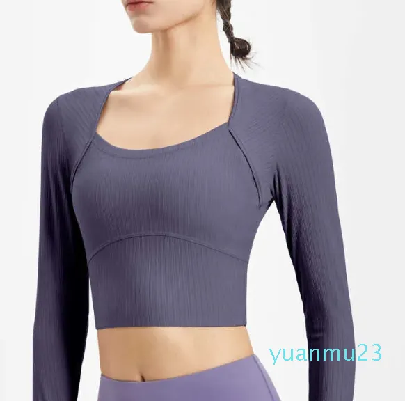 Sports Top Women's Running Fiess Yoga Outfits Gymkläder Kort öppen navel Löst andningsbar snabb torkning Långärmad