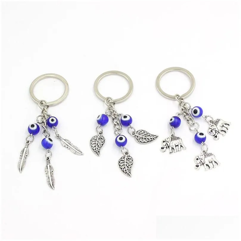 Key Rings Wholesale Lucky Evil Eye Keychain Car Key Rings Ceramics Blue Feather Leaf Elephant Keyring For Women Jewelry Gift Dhgarden Dhwxo