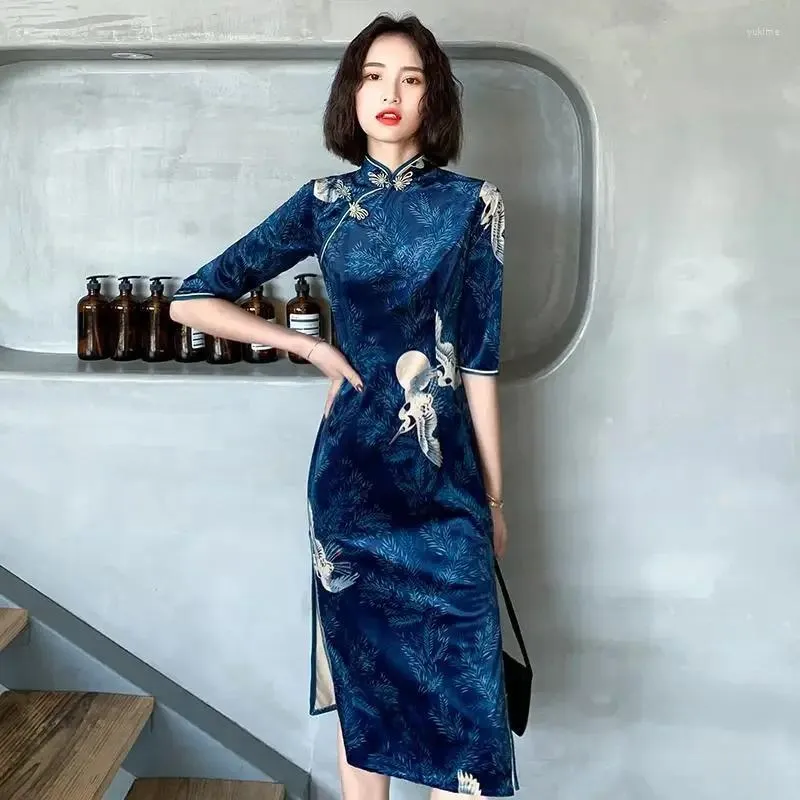 Ethnic Clothing Cheongsam Modern Long Sleeve Qipao Dress Chinese Traditional Red Blue For Women Style