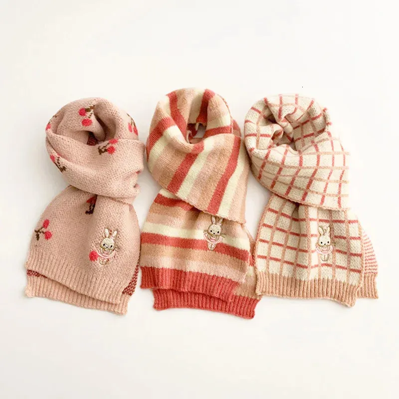 Halsdukar wraps vinter halsduk tecknad kanin broderi barn rosa stickning halsdukar koreansk stil flickor varma tillbehör mode barn saker 231108