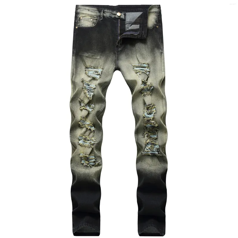 Men's Jeans Fashion Designer Men Retro Grey Stretch Slim Fit Painted Ripped Korean Style Vintage Casual Denim Pants Hombre