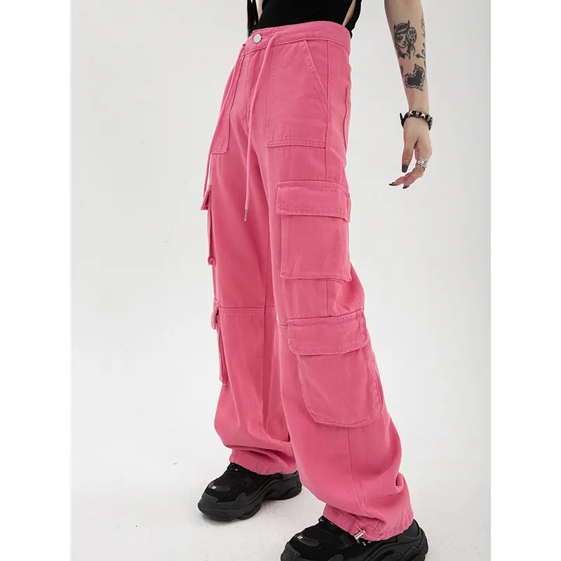 Jeans da donna Jeans rosa da donna Jeans a vita alta retrò tasca dritta pantaloni abiti da strada multitasche Y2K denim spazzolato gamba larga Pantaloni 230408