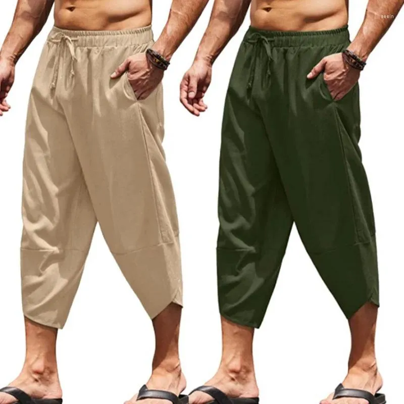 Pantalon homme jambe large été Harajuku longueur mollet pantalon décontracté coton lin Harem Baggy Dstring vêtements de plage