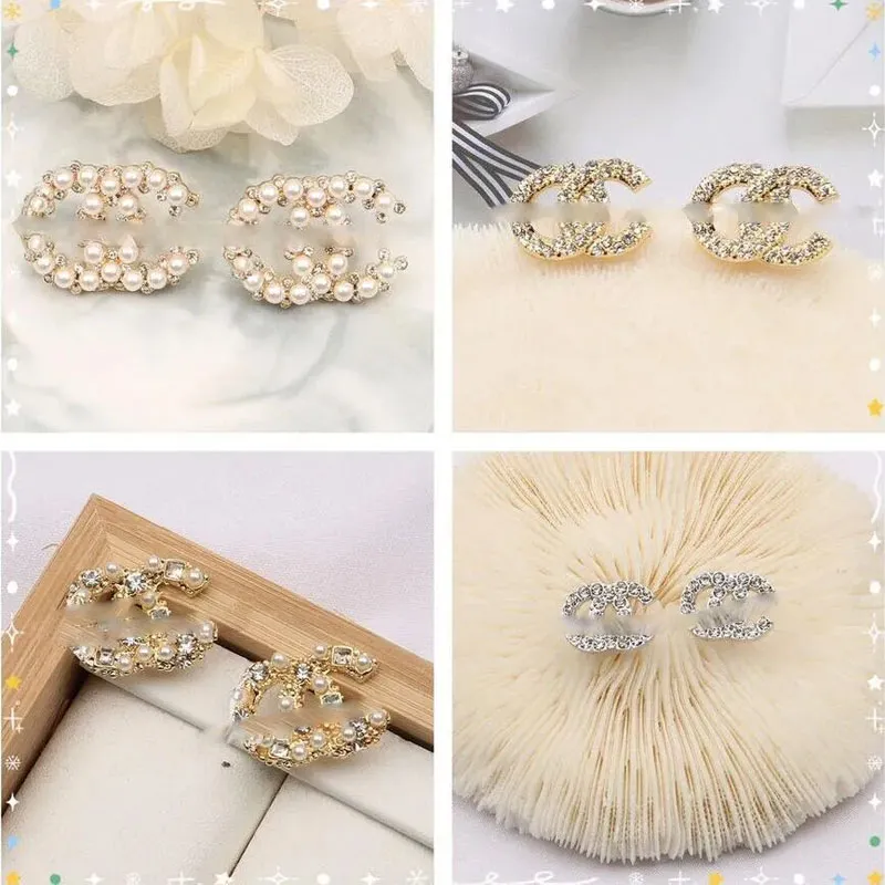 Blandad enkel 18K guldpläterad 925 Silver Luxury Brand Designers Letters Stud Geometric Famous Women Round Crystal Rhinestone Pearl Earring Wedding Party Jewelry