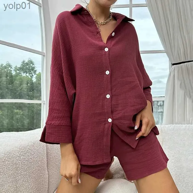 Women's Sleepwear Women 100% Cotton Pajama Set Soft Sleepwear 3/4 Sle Button Down Shirts And Shorts Gauze Cotton Nightwear Pjs 2 Piece OutfitsL231109