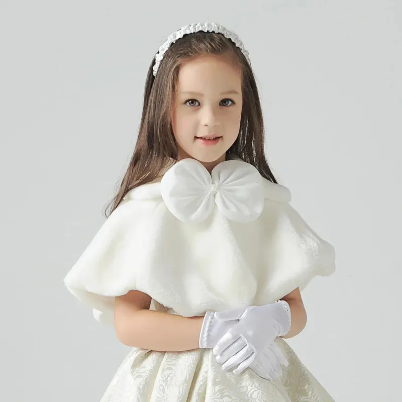 Coat Flower Girls Thicken Plush Bolero Shrug Princess White Faux Fur Coat Shoulder Cape Wedding Dress Shawl Wraps Stole Bowknot 231108