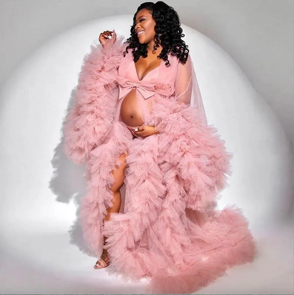 African Pregnant Women's Dress Ruffles Pink Tulle Kimono Evening Dress Robe for Photoshoot Puffy Sleeves Prom Gowns Cape Cloak Maternity Party Dresses