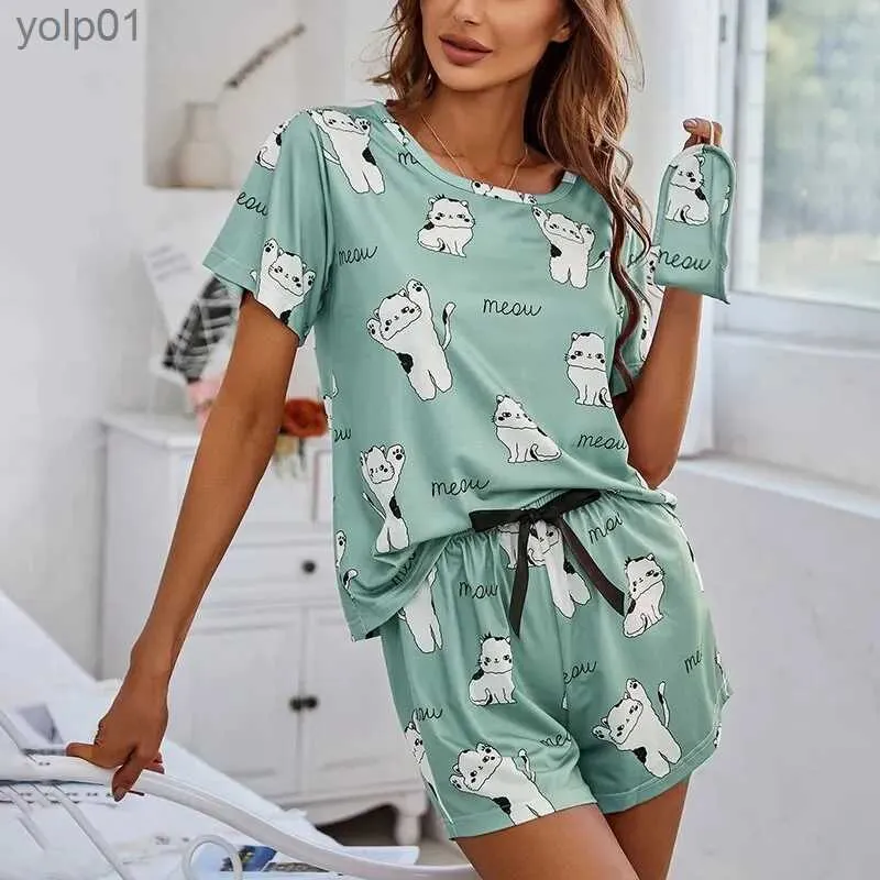 Kadın pijama kadın pijama set kısa sle sle sle sle nightwear üst ve pantolon pijama 3 adet PJS Loungewear karikatür baskı pijamalar seti gecewearl231109