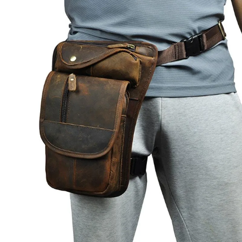 Bel Çantaları Gerçek İnek Deri Erkekler Uyluk Damla Bacak Çantası Vintage Orijinal Klasik Motosiklet Kalça Kemeri Fanny Pack Messenger