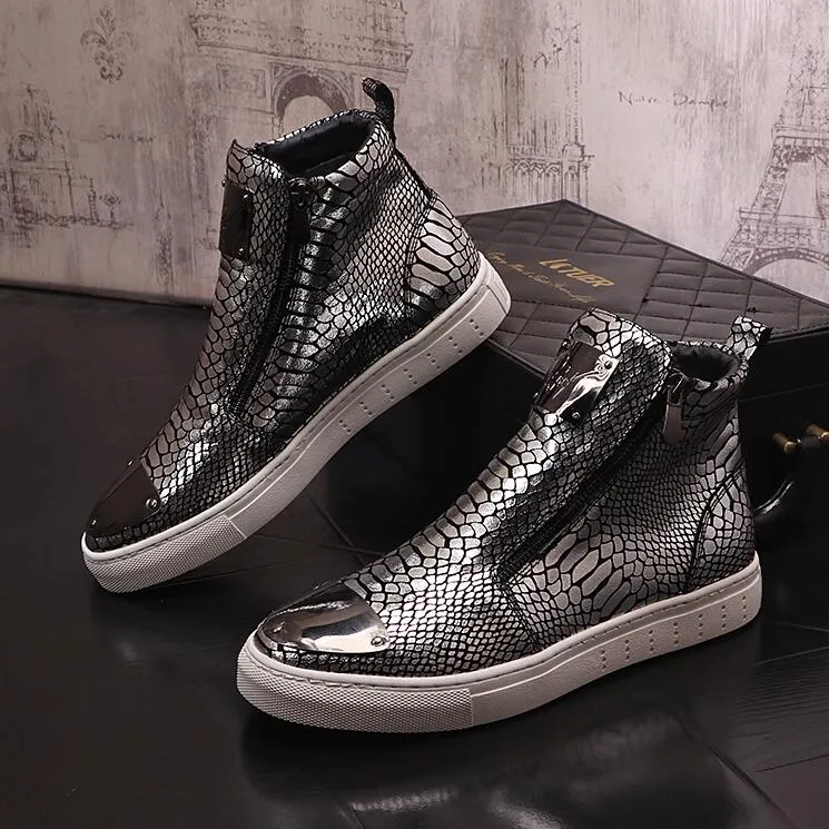 Sequins High-top Shoes Men`s Shoes Nightclub Fashion Men`s Board Shoes zipper Silver Cowhide Short Boots 10A49