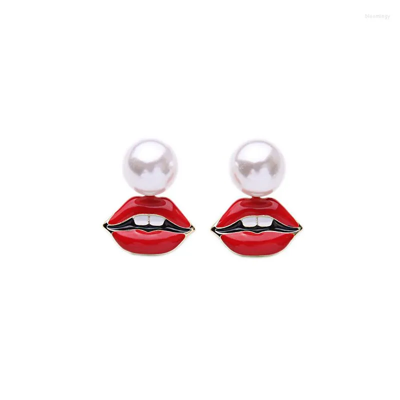 Stud Earrings BALANBIU Red Enamel Lip Party Fascinated Imitation Simulated Pearl Fashion For Women Jewelry