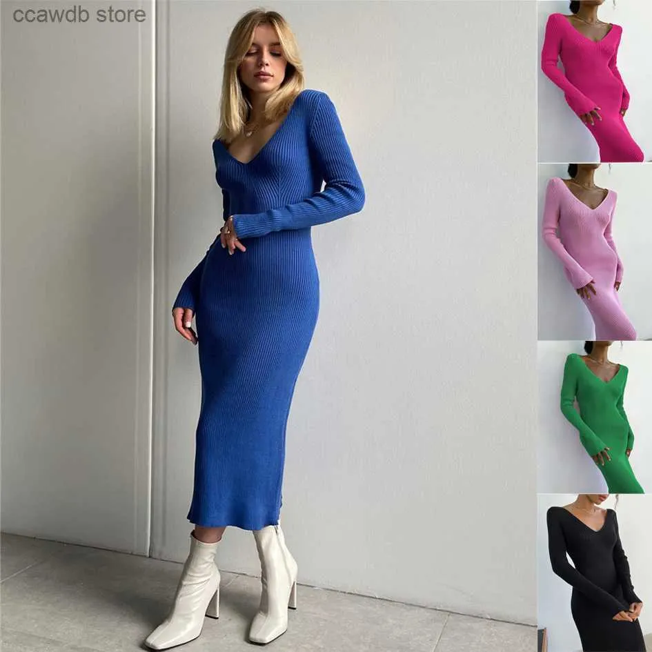 Basic Casual Dresses V-neck Sexy Slim Fit Long Sleeve Knitted Women's Long Dress Autumn/Winter Pit Stripe Bottom Fashion Versatile Dress T231109