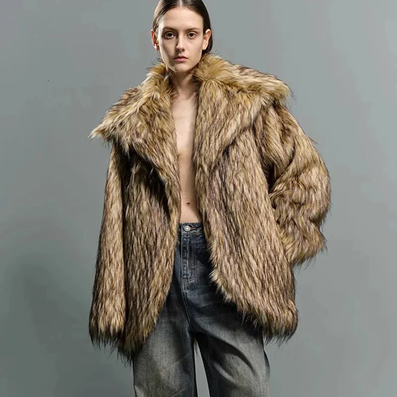 Women's Fur Faux Fur Men and women general purpose big lapel fur coat imitation raccoon fur thickened medium long coat casual warmth 231109