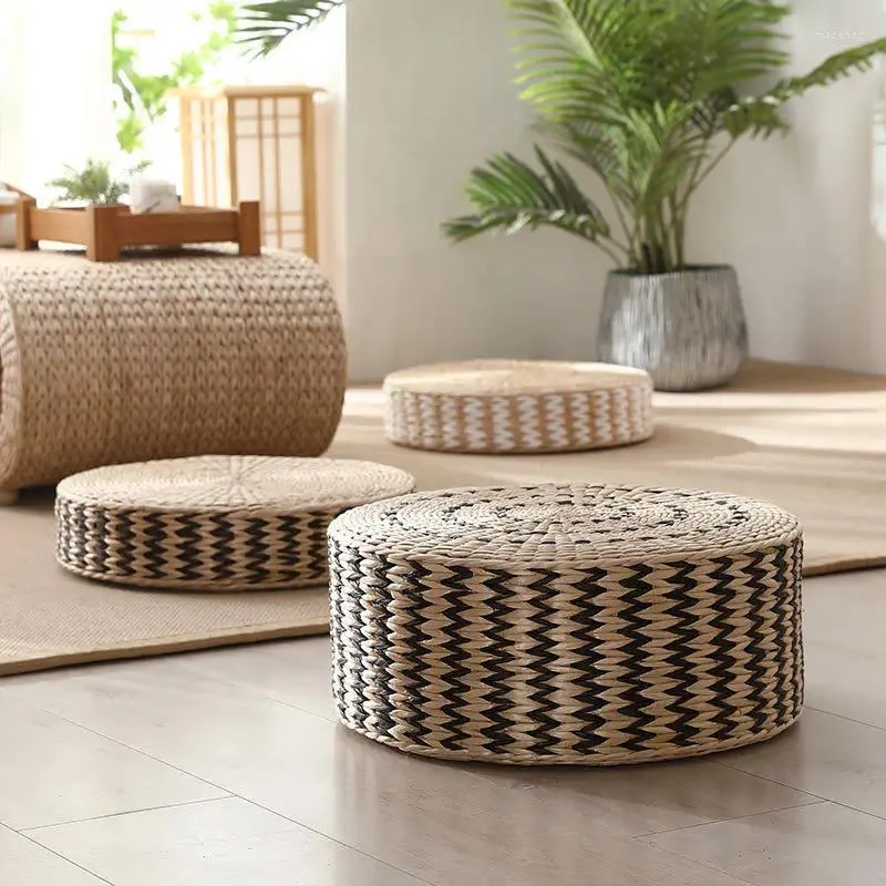 Pillow Japanese Floor Tatami Hand Woven Futon Straw Cattail Mat Rattan Yoga Round Seat Patio Balcony Bedroom Decoration