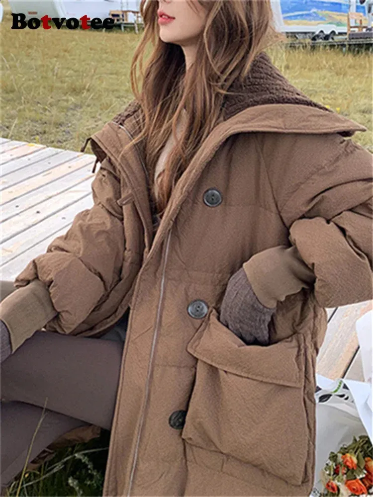 Women's Down Parkas Botvotee Solid For Women Fall Winter 2023 Fashion Long Sleeve Thicken Warm Jackets Overdimensionerade Turn Collar Coats 231109