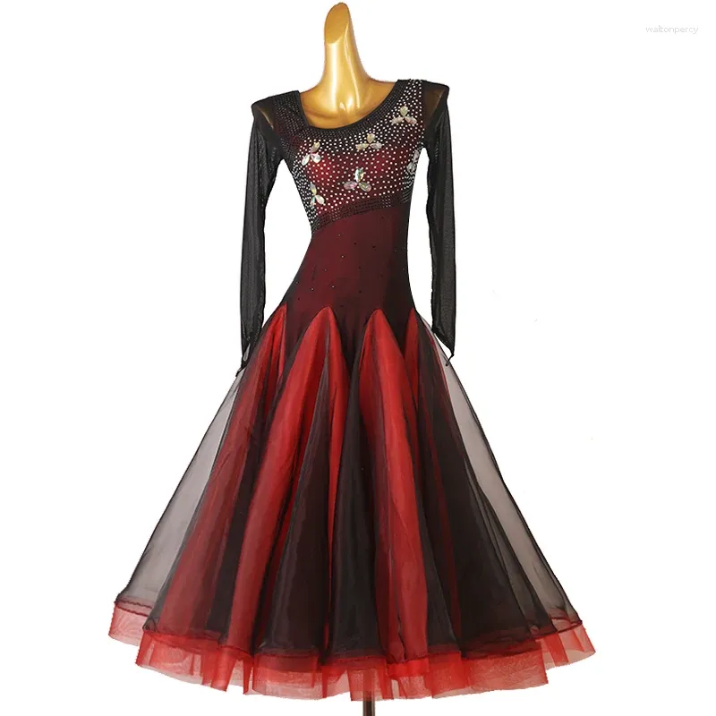 Stage Wear Waltz Ballroom Competition Dress Foxtrot Costume Rhinestones Long Sleeves Dance Ball Gowns Performance Clothes