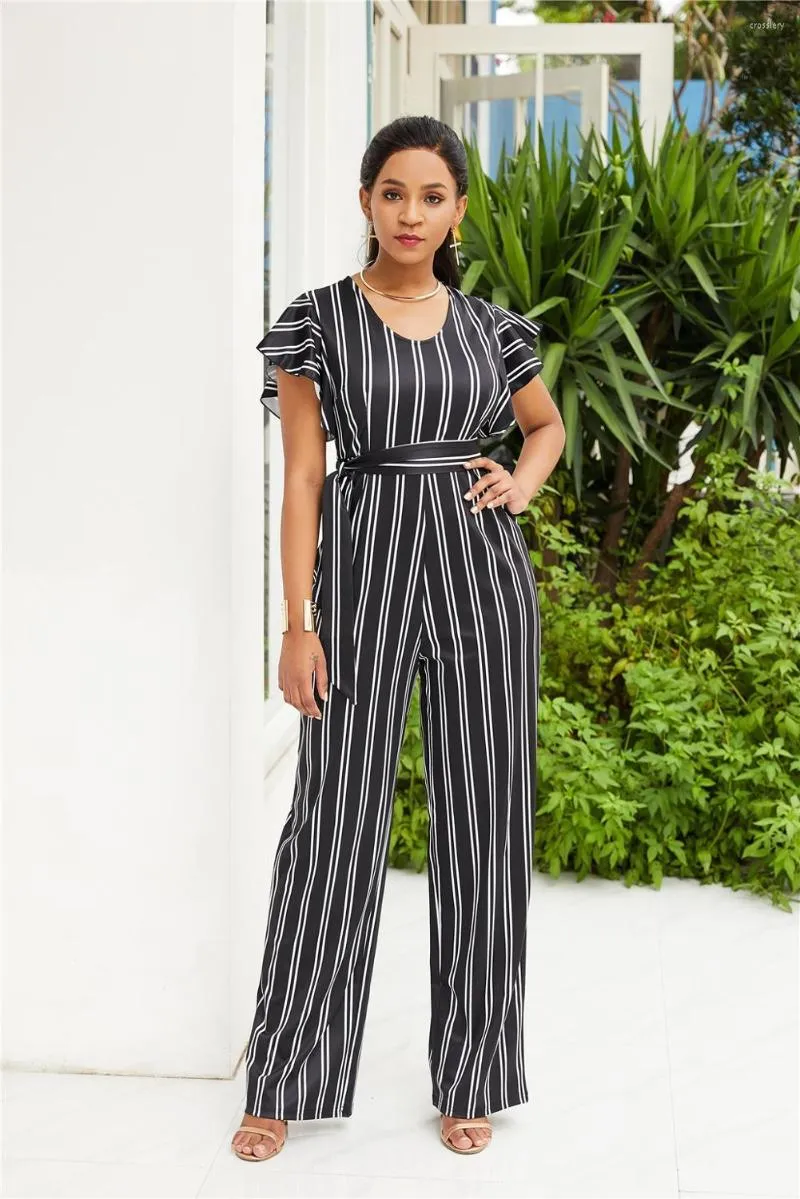 Jumpsuits voor dames ahvit verticale gestreepte vrouwen jumpsuit ruches korte mouw o nek sjerpen modekantoor dames breed poot romper