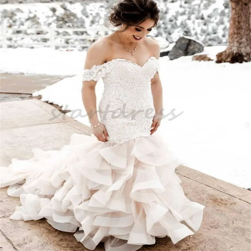 Элегантное свадебное платье «русалка» с многоярусным шлейфом и оборками плюс размер, кружевное платье для загородного сада, уличное платье невесты, зимний халат в форме сердца, роскошные платья Vestidos De Novia