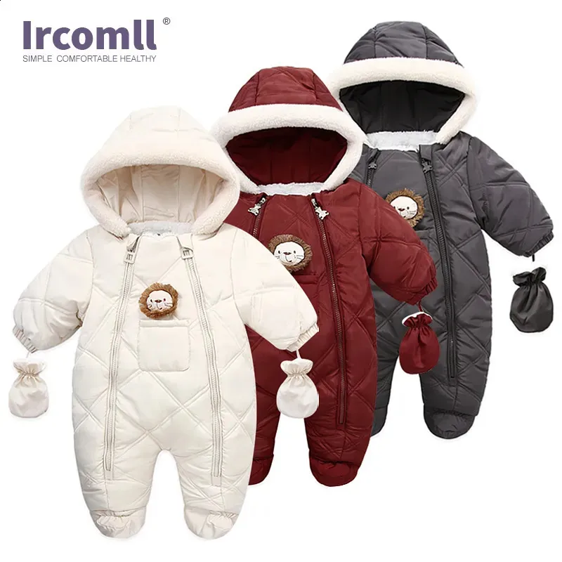 Rompers Ircomll高品質の赤ちゃん冬服スノーコート温かいウールパーカー漫画ライオンボディスーツ幼児231109