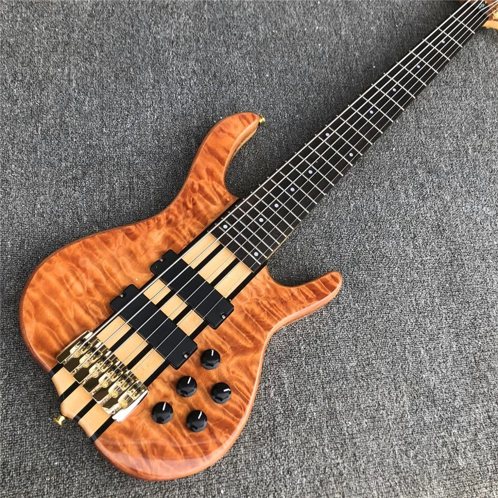 Sällsynta Ken Smith 6 strängar Natural Quilted Maple Top Electric Bass Guitar Passive Pickups 9V Battery Box, 5 skikt Wenge-Bubinga Sandwich Neck Gold Hardware