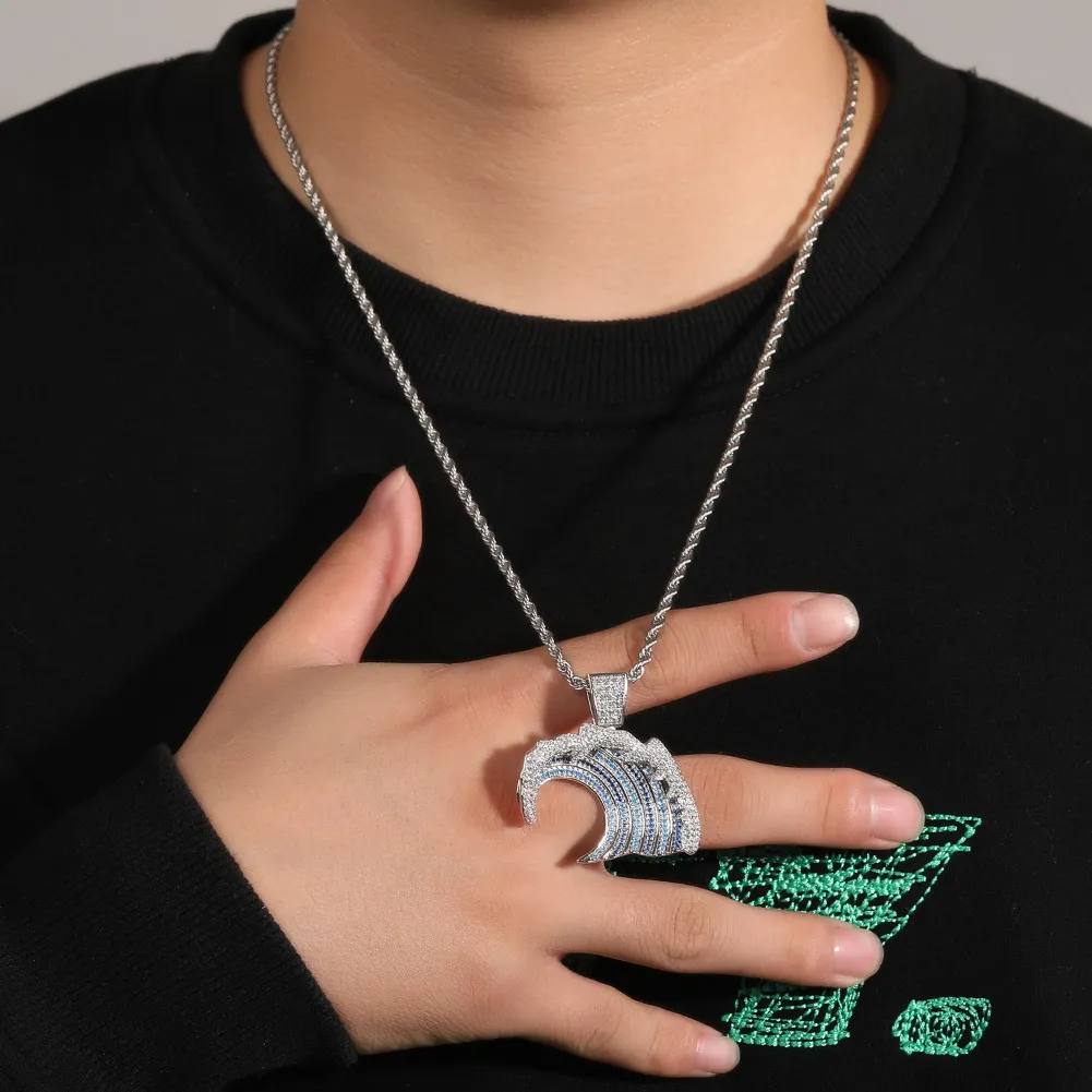 Hip Hop vague de mer boussole chèvre pendentif collier complet 5A Zircon 18k véritable plaqué or Cool hommes bijoux cadeau