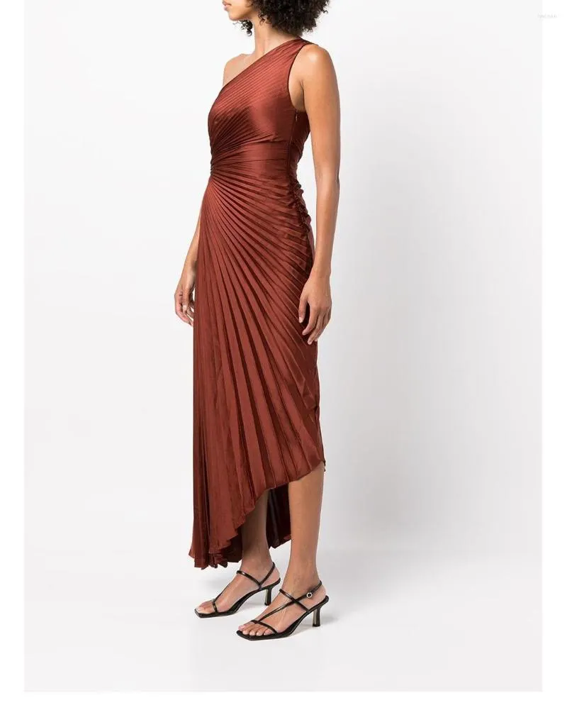 ALC Women's Polyester One-Shoulder Casual One Shoulder Midi Dress with Label - Brown, Ankle-Length, Vintage High Waist, Asymmetrical Design for Summer