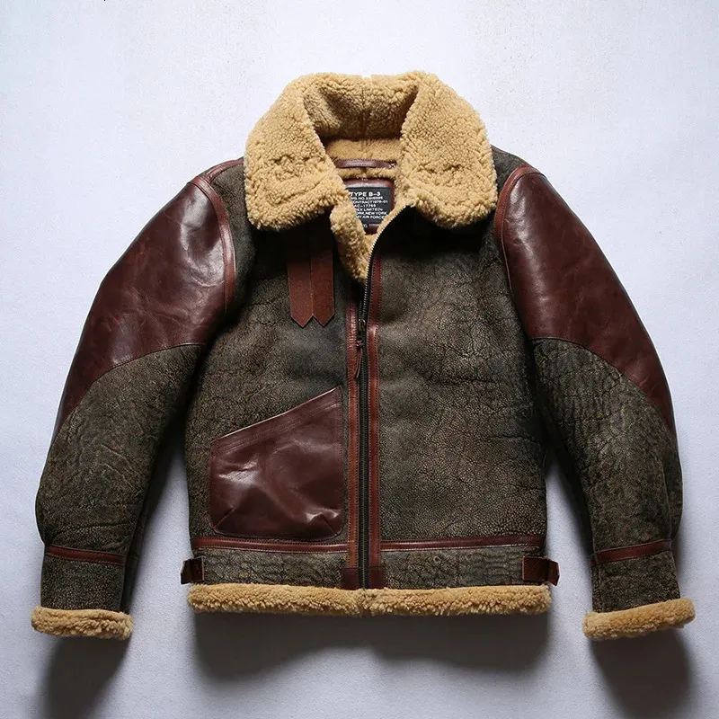 Herrjackor tjocka shearling b3 bombare ull original ekologisk pälsbrun vintage manlig äkta läder fårskinn rockar flyg 231108