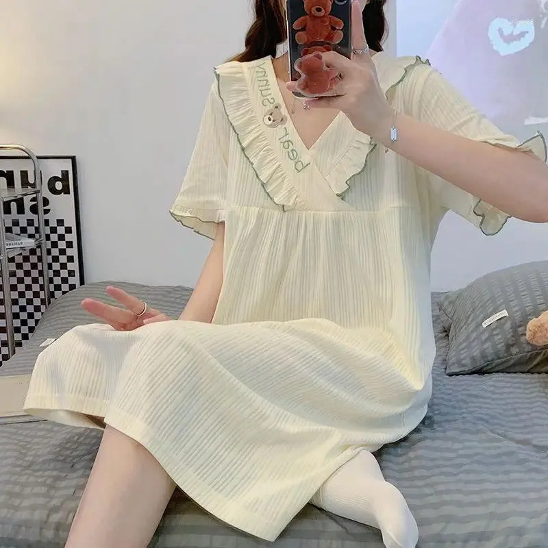 Kadın pijama yaz pijama elbiseleri tatlı Kore gece elbisesi kısa kollu iç çamaşırı kawaii elbisesi ev cothes gece