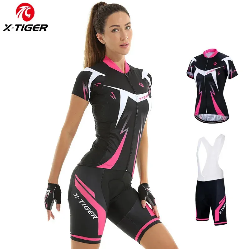 Cykeltröja sätter X-Tiger Kvinnor Bib Cycling Set Summer Short Sleeve Suit Anti-UV Bicycle Clothing Quick-Dry Jersey Mountain Kvinnliga cykelkläder 231109