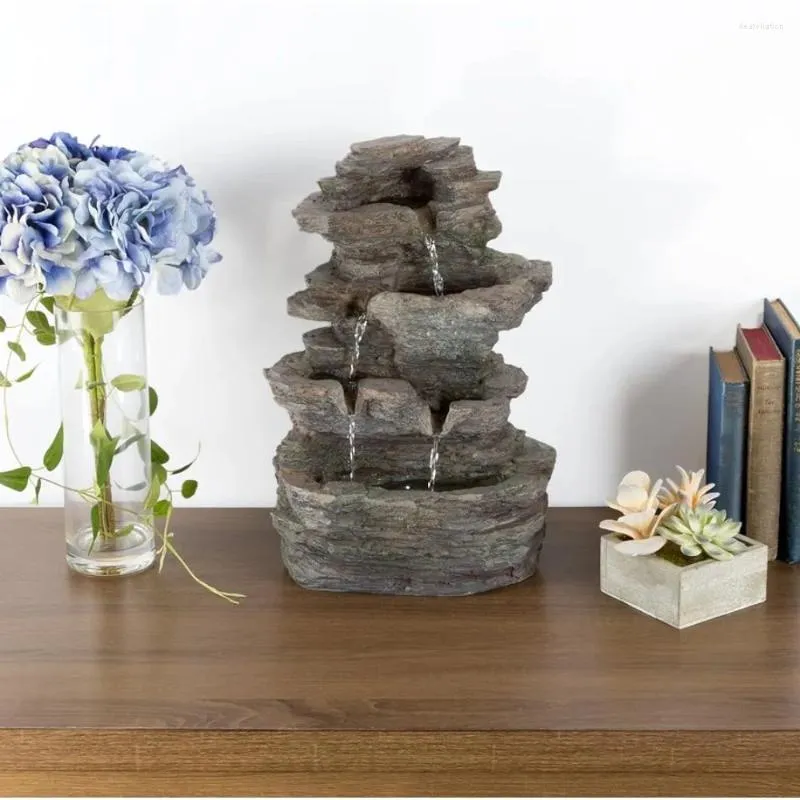 Garden Decorations Tabletop Water Fountain With Cascading Rock Waterfall And LED Lights - Tiered Stone Table By Pure