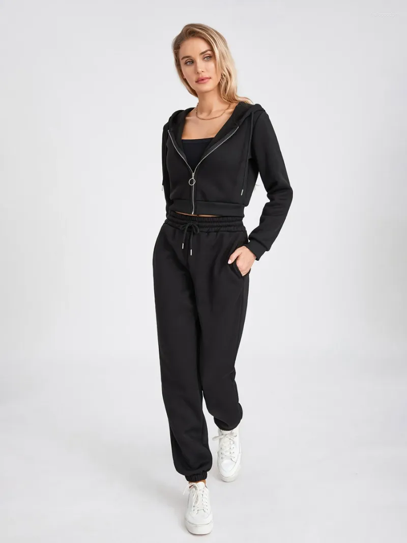 Pantalons deux pièces pour femmes Sweats à capuche pour femmes Pantalons Ensemble de vêtements de couleur unie Sweat à capuche avec fermeture éclair et survêtements de course Vêtements féminins