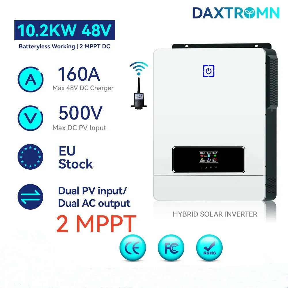 DAXTROMN EU 스톡 슈퍼 10.2kW 48V 하이브리드 인버터 2MPPT 500VDC 160A 듀얼 PV 입력 순수한 사인파 태양 광 인버터 2 하중 출력