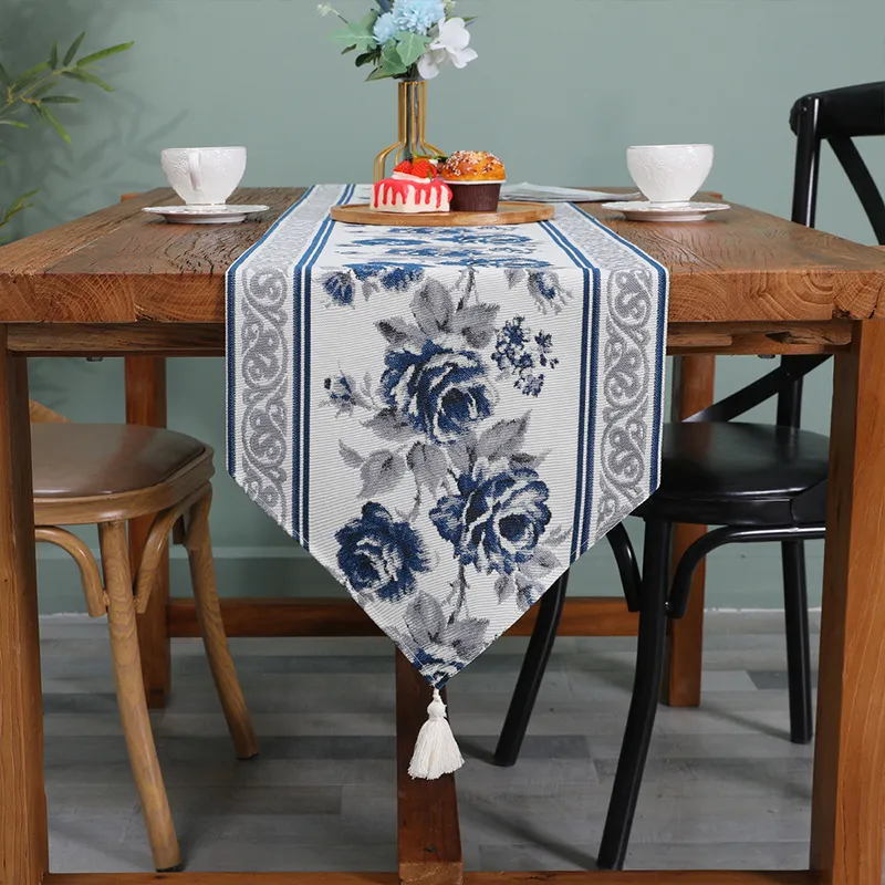 Table Runner Modern Chinese style blue and white embroidered desktop runner with tassel home decor dining table dress and table decoration 230408