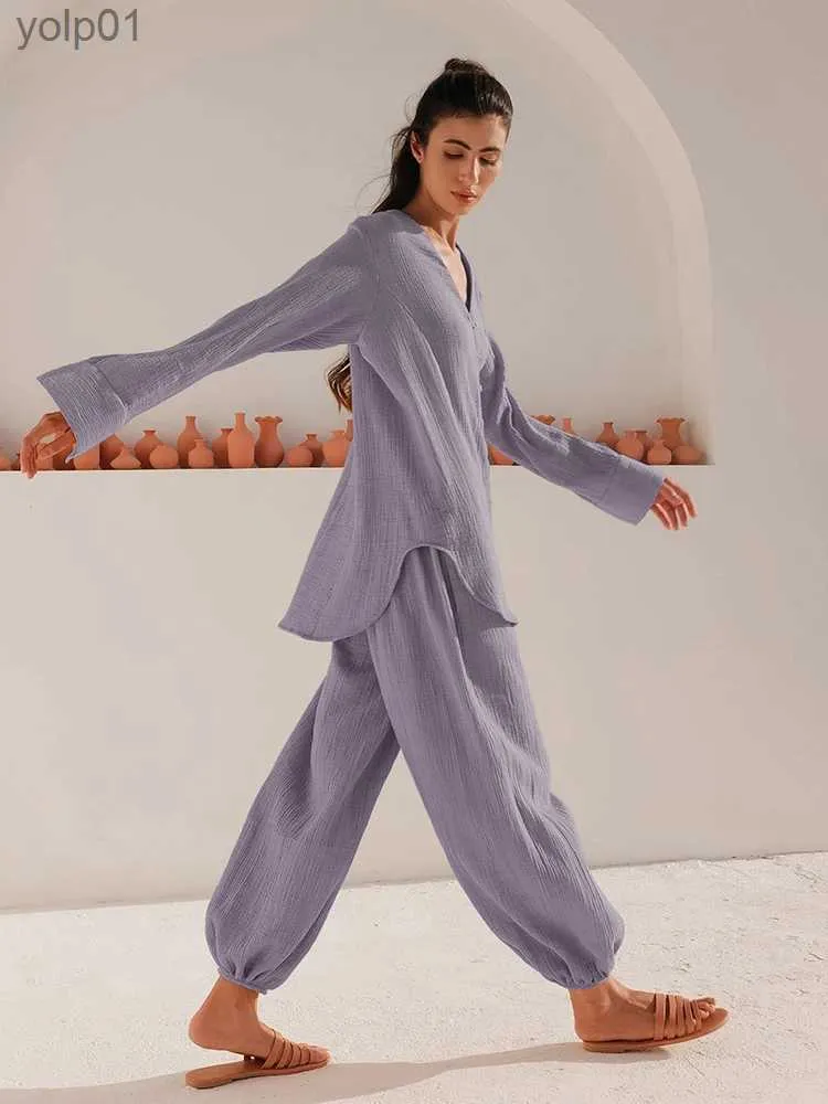 White Cotton Womens Pajama Set With High Waist Linen Pants Women