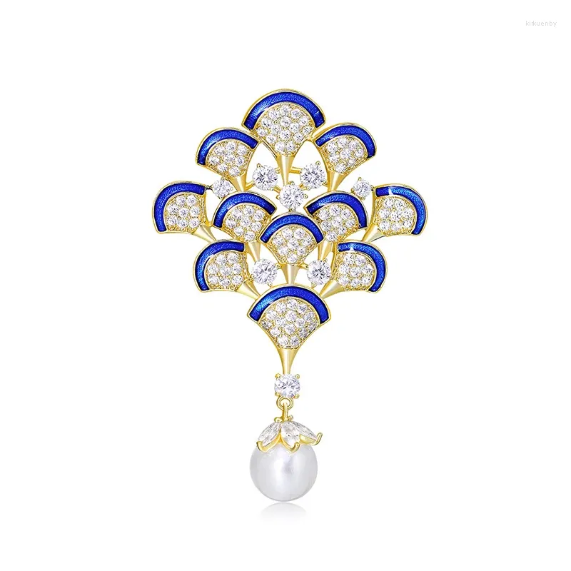 Brooches Luxury Retro Folding Fan Pearl Brooch For Women Girls Mirco-set Cubic Zirconia Sweater Coat Pin Accessories