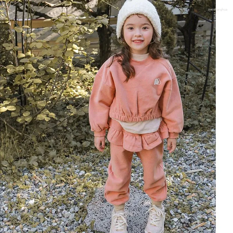Conjuntos de roupas outono inverno meninas roupas conjunto bonito plissado moletom calças esportivas 2 pçs estilo coreano crianças qz312