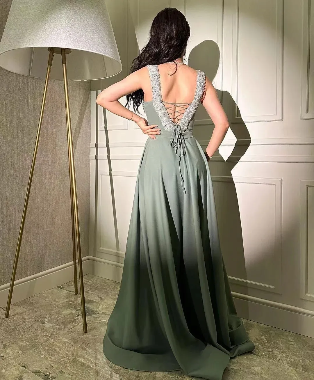 green emerald velvet dress Gray Green Tulle Off Shoulder Sequin Long Prom Dress, Tulle Formal Graduation Dresses US 10 / Gray Green(As picture) main image 1