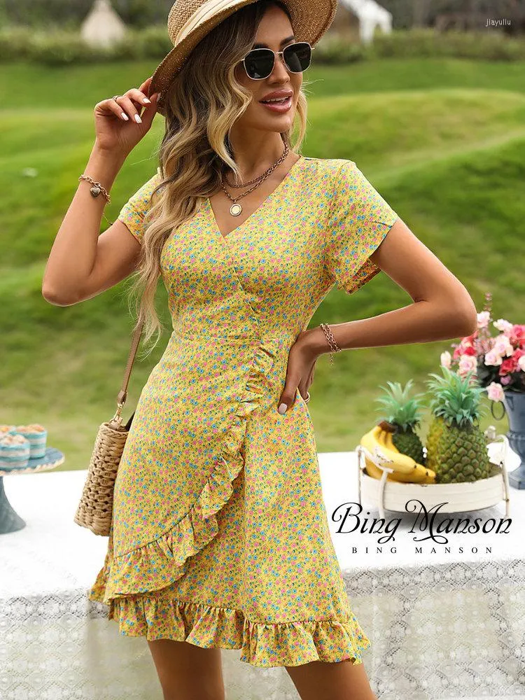 Casual Dresses Women's Summer Wrap V-ringning Polka Dot Print Ruffle Short Sleeve Mini Flower Dress Sun kjol maxi bodycon y2k