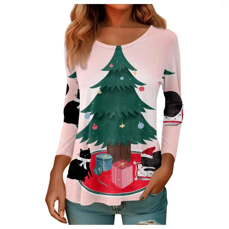 Women's T Shirts Christmas Fashion Casual Long Sleeve Printing Round Neck Pullover Top Tree Pattern Party Clothing