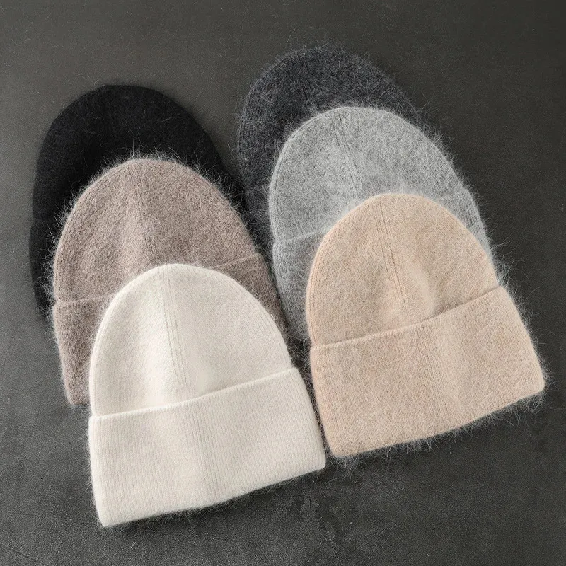 Beanieskull Caps Angora Winter Hat for Women Solid Color Real Rabbit Fur Beanies Woman Soft Knitt