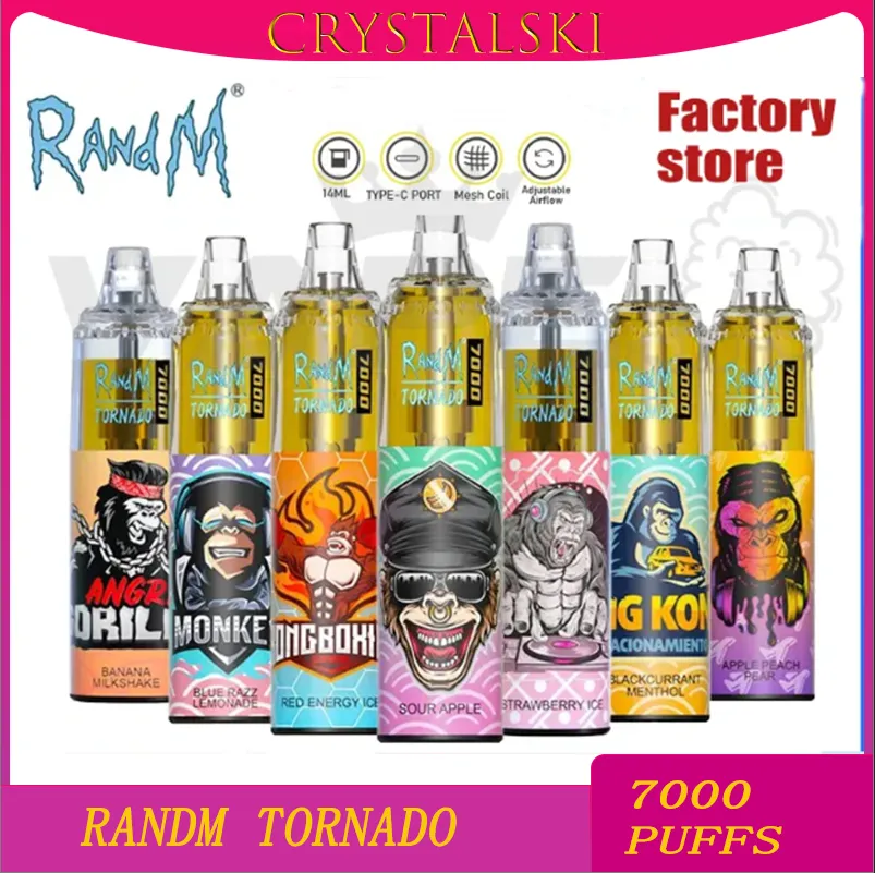 Original RandM Tornado 7000 Puff Descartável Vape Pen Cigarros Eletrônicos 14ml Pod Mesh Bobina 6 Cores Brilhantes Dispositivo Recarregável Ajustável a Ar Puff 7000 Vape