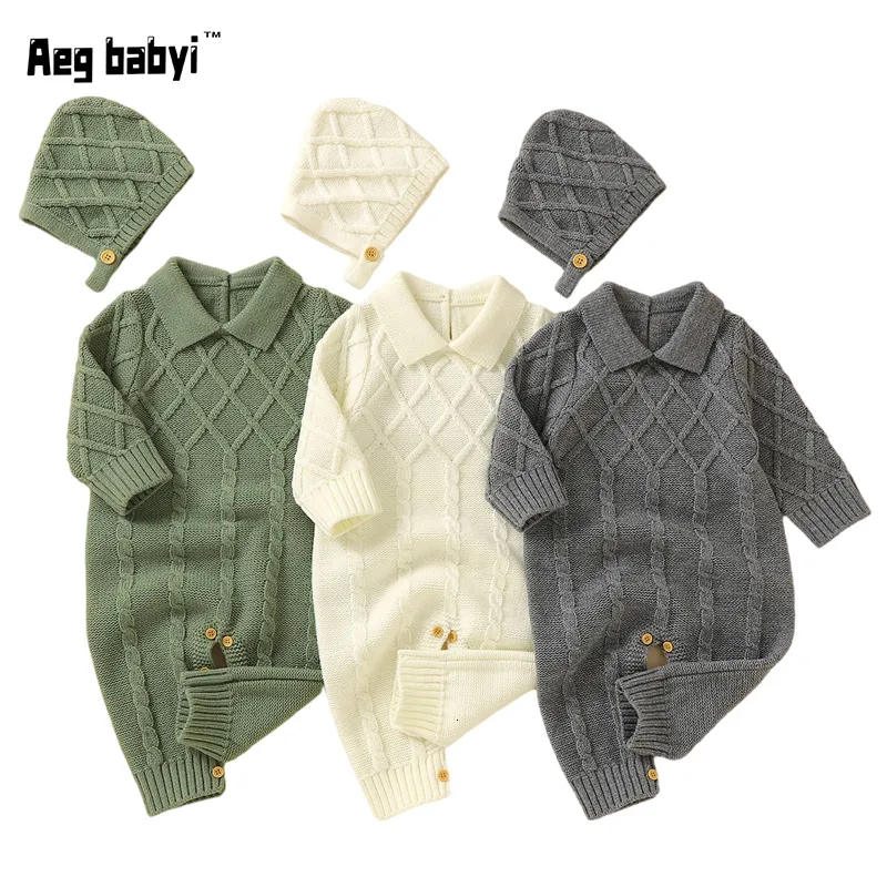 Rompers baby bodysuits födda romper baby pojkar flickor kläder stickade jumpsuits hattar 2 st -set höst vinter spädbarn kläder barn bär 230408